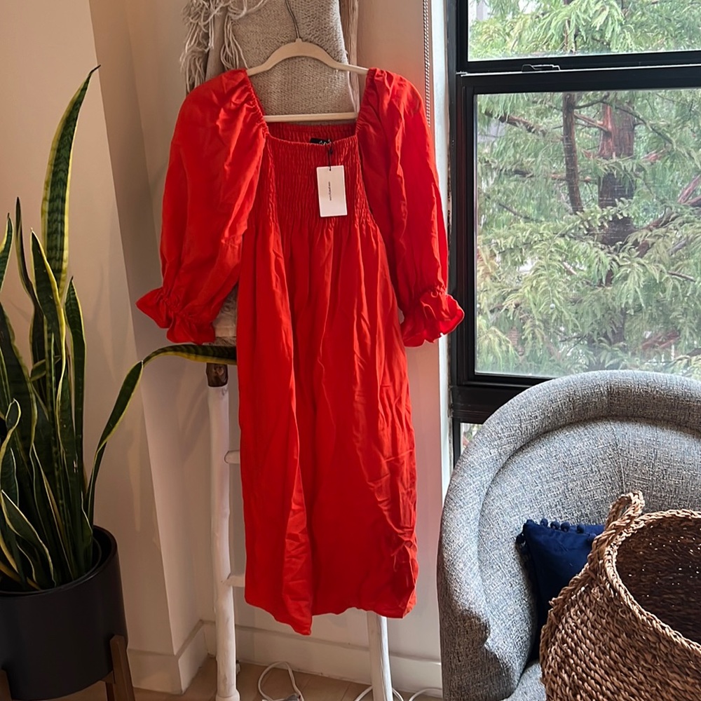 OPT linen smocked midi dress